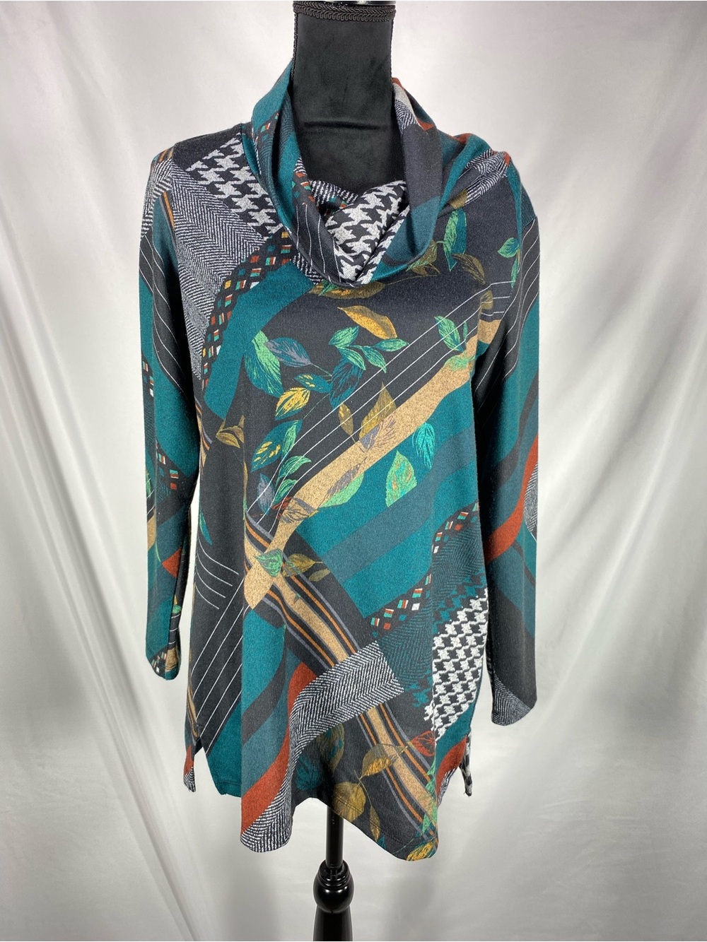 Christopher & Banks Abstract Patchwork Cowl Neck Tunic M Teal Gray